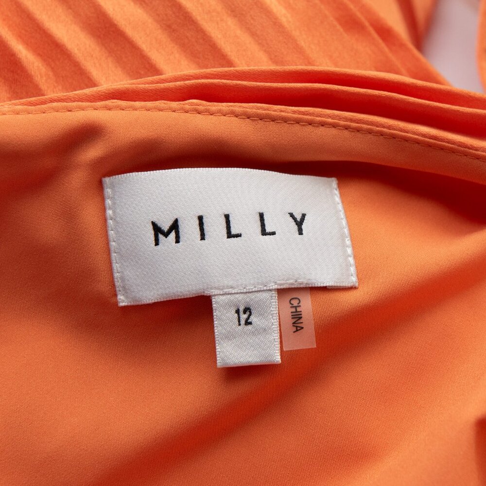 Milly Estie Dress Mini Satin Pleated One Shoulder Mini Belted Orange Size 12 - Picture 3 of 6